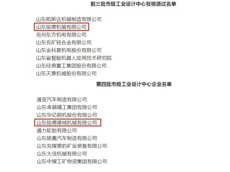 山东铭德智能装备科技股份有限公司旗下的山东铭德港城机械有限公司成功入选“市级工业设计中心”